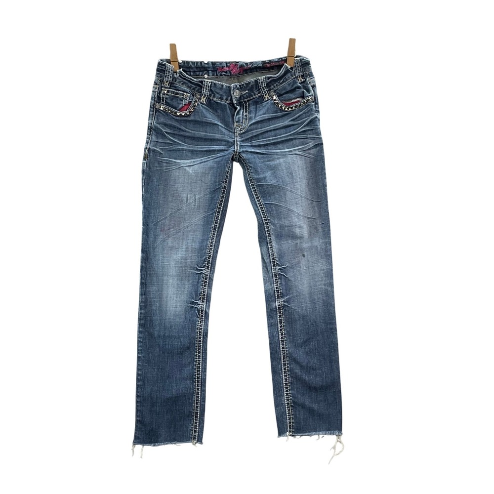 Rock and‎ Roll Cowgirl Jeans Womens 31x28 Blue Low Rise Studded Raw Hem Denim
